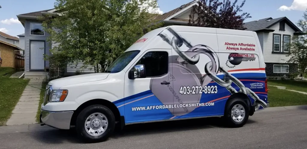 Always Affordable Always Available Locksmithing truck in Calgary neighbourhood
